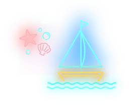 ネオン風のヨットと貝殻のイラスト